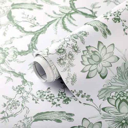 Chinoiserie Peel and Stick Wallpaper Removable Self Adhesive Wallpaper Floral Birds Contact Jacobean Vintage Contact Paper for Bedroom (Green,118.1" X 15.75")