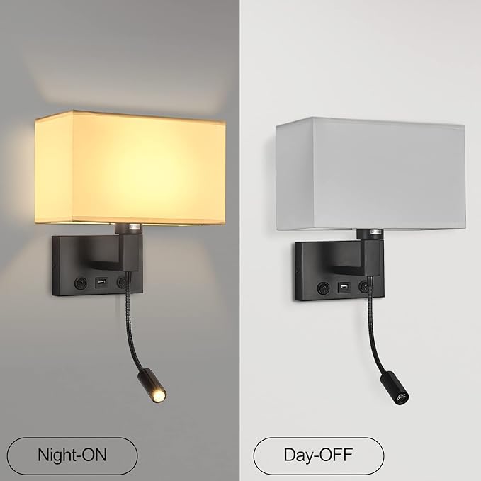 Black Wall Sconces, Hardwired Wall Lamp with USB Port and Reading Lamp, Fabric Shade Bedside Wall Lights with Reading Lamp for Bedroom Living Room Hotels Corridors (Black)