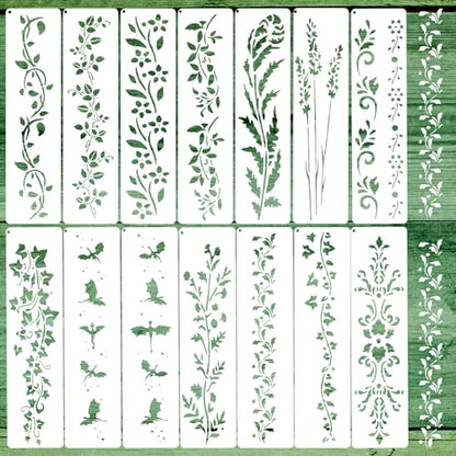 14Pcs Large Border Flower Stencils for Painting on Walls, Reusable Leaf Vine Wood Burning Stencils with Hoop, Drawing Background Templates DIY Craft Home Decor(11.8¡¿3.15 inch)