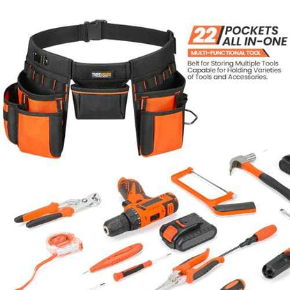 Tool Belt with Multiple Pockets, Heavy Duty Construction Pouch, Black and Orange