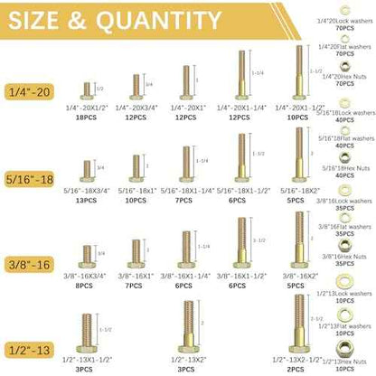 610 PCS Grade8.8 SAE Bolt and Nut Assortment,1/4 5/16 3/8 1/2 Heavy Duty Hex Head Bolts and Nuts Kit with Yellow Zinc Plated, Includes 18 Common Size,Length from 11-65mm