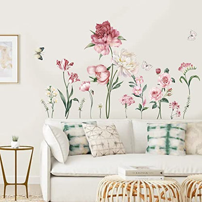 wondever Pink Peony Rose Floral Wall Stickers Garden Flower Peel and Stick Wall Art Decals for Bedroom Living Room TV Wall