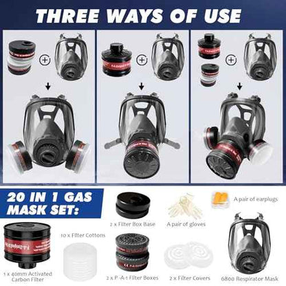 Full Face Gas Masks Survival Nuclear and Chemical, Reusable Full Face Respirator Gas Mask with Activated Carbon Filter