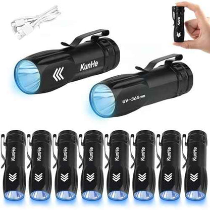 KunHe 10 Pack 365nm UV Flashlightt, Mini Rechargeable UV Light 3W for Pet Stain Detection, Hotel Cleaning, Resin Curing, Gem & Scorpion Inspection, Stocking Stuffers