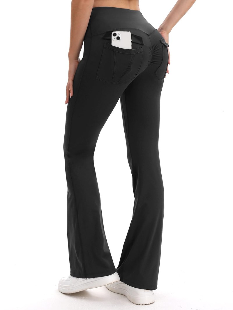 HiBwoBwo Women's Flare Leggings with Pockets High Waisted Scrunch Workout Leggings Butt Lifting Bootcut Yoga Pants Black
