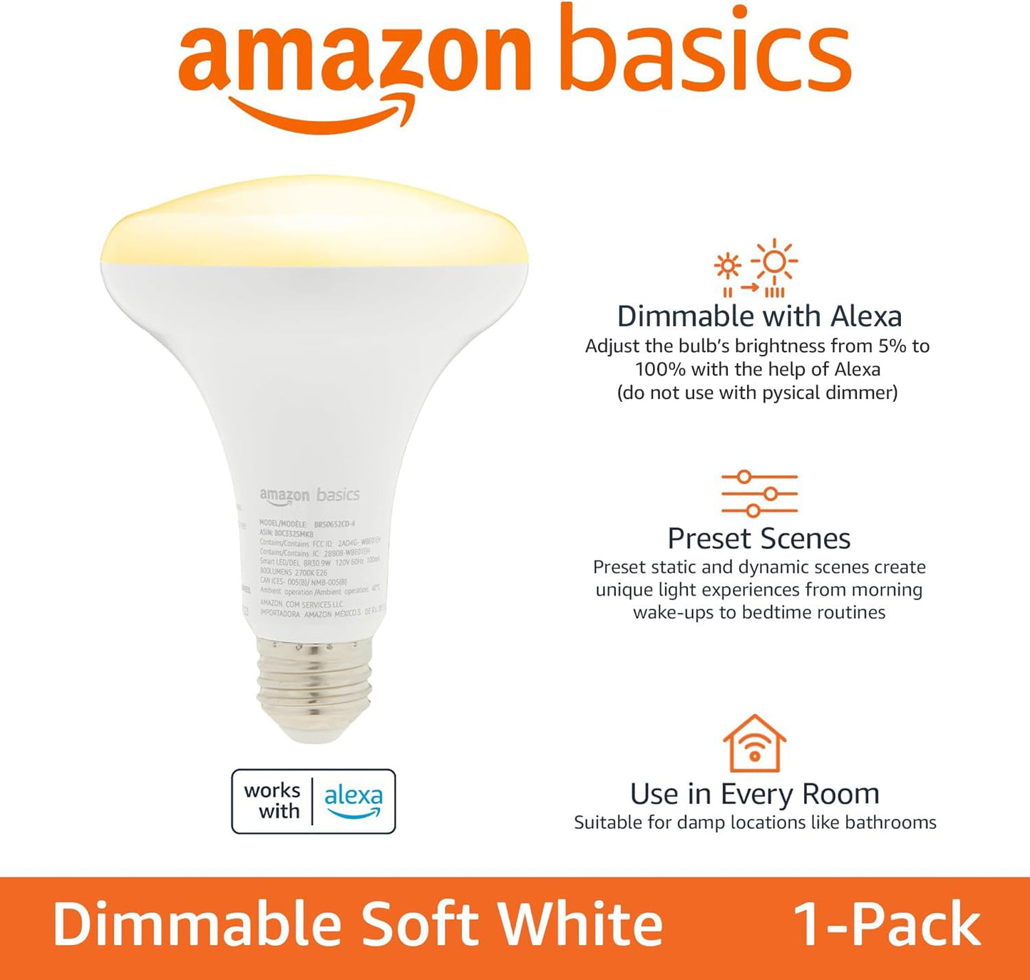 Amazon Basics Smart BR30 LED Light Bulb, Dimmable Soft White (2700K), 9W (60W Equivalent), 800LM, Works with Alexa Only, 2.4 GHz Wi-Fi, No Hub Required, 4 Pack