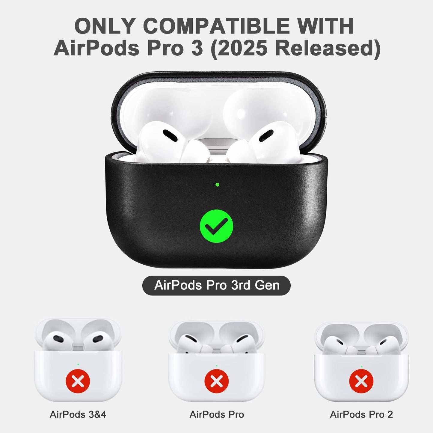 ICARER AirPod Pro 3 Case, 100% Geniune Leather Case, Handmade Top Grade Vintage Cover, Shockproof Protective Cover Support Wireless Charging, Compatible with AirPods Pro 3 2025 Model (Black)