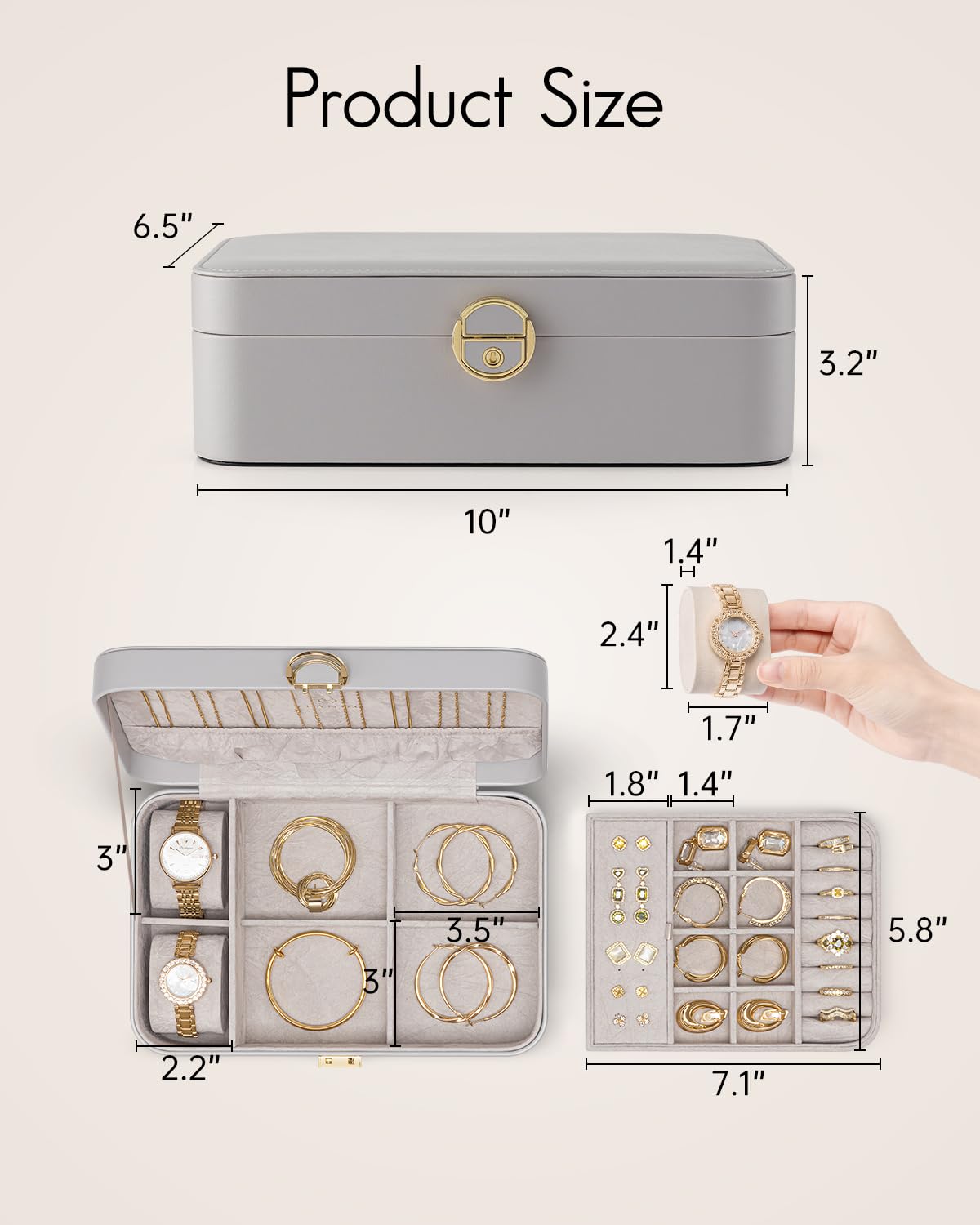 VLANDO 2 Layer Jewelry Box,Jewelry Organizer Storage Lockable Earring Organizer Removable Jewelry Tray with Watch Pillow for Neckable Ring Bracelets-Grey