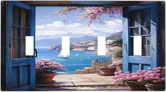 Decorative Art Light Switch Covers Seaside Window View Quad Toggle 4 Gang Wall Plate Switch plate Electrical Faceplate for Home Decor