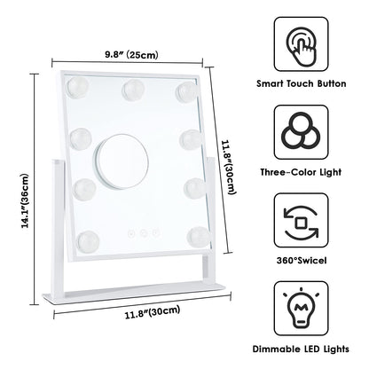 Lighted Makeup Mirror Hollywood Mirror Vanity Mirror with Lights, Touch Control Design 3 Colors Dimable LED Bulbs, Detachable 10X Magnification, 360°Rotation, (White) 12" L x 14" W