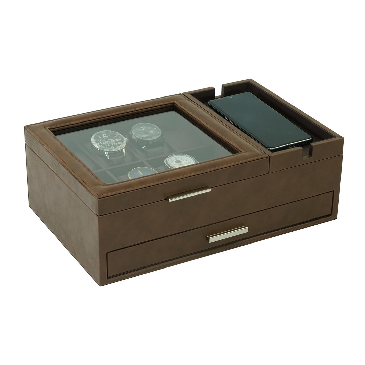 Lifomenz Co Men's Jewelry Box Organizer with Charging Station & Drawer - Premium Valet Tray for Watch, Phone, Wallet Storage - Brown