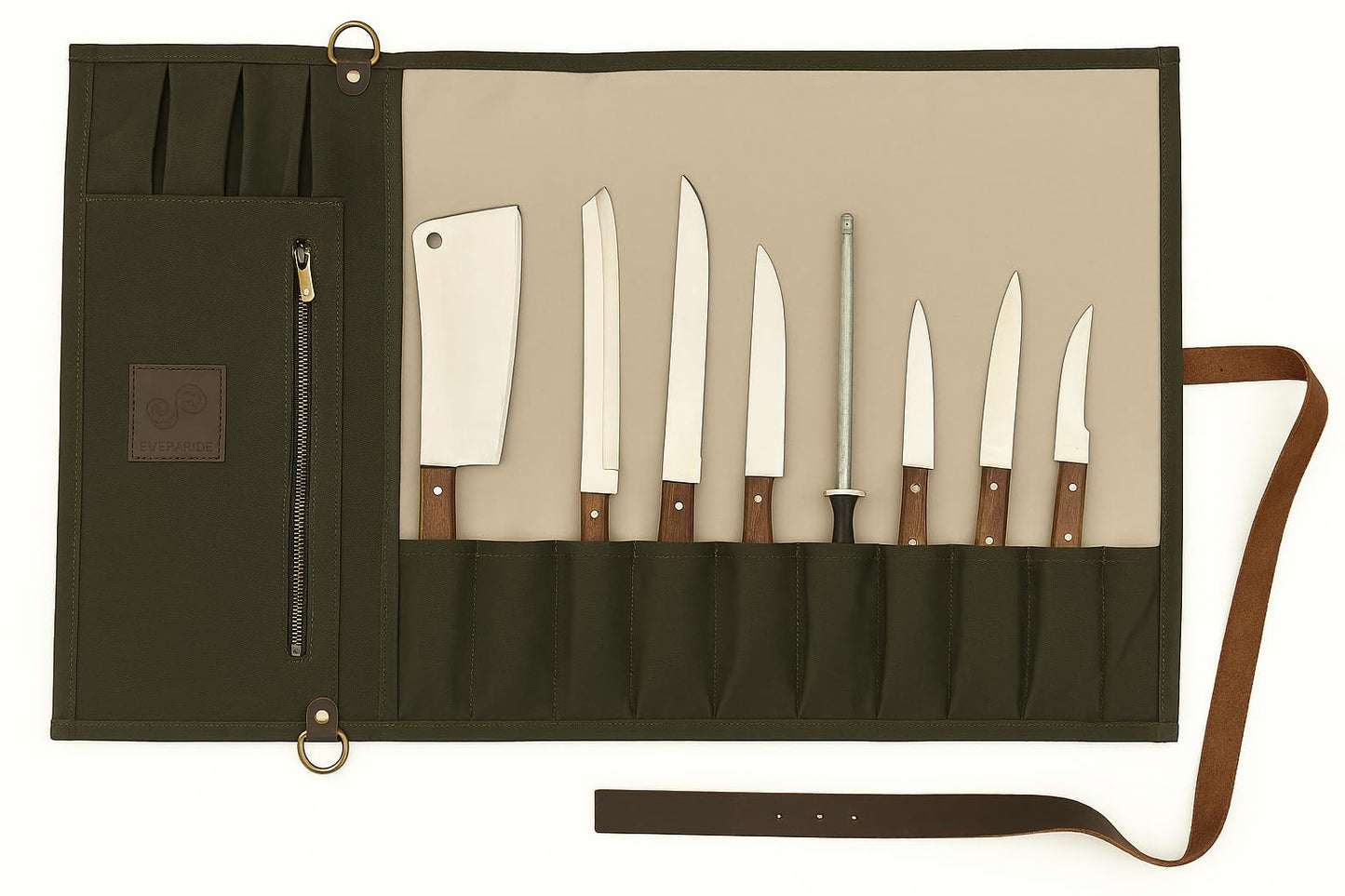 EVERPRIDE Stunning Waxed Canvas Roll Bag in Rich Dark Green w Genuine Leather Trim. Handsome Professional Chef Knife Roll Bag with upto 14" Knives and Storage Compartments A Super Gift