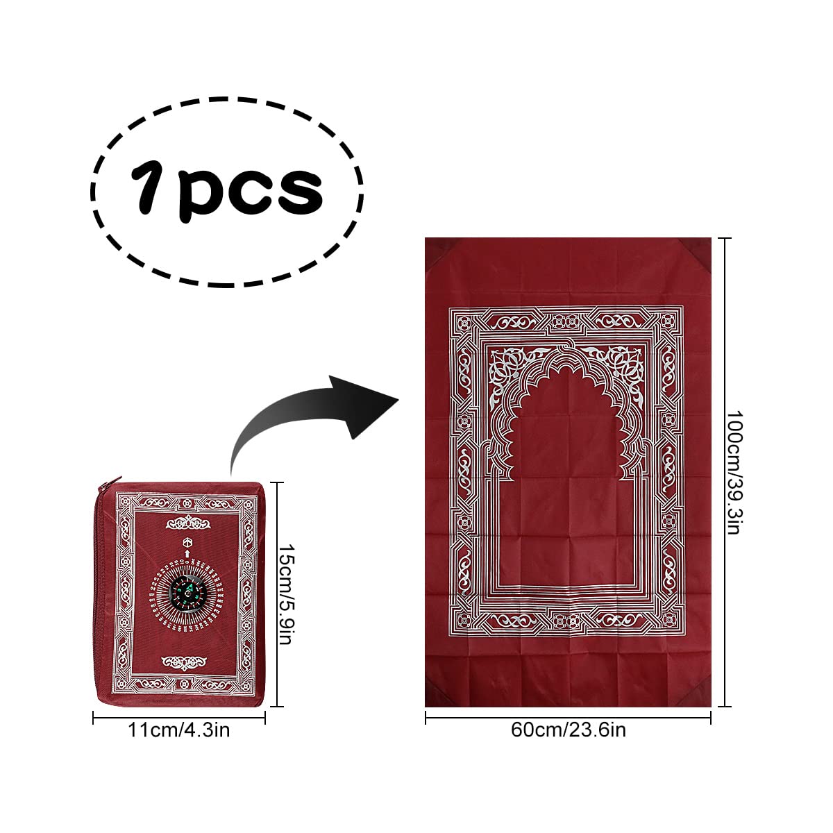 Travel Prayer Mat Rug, GLADPRESIT Portable Pocket Mat with Compass, 60 x 100cm Waterproof Praying Rug (Red)