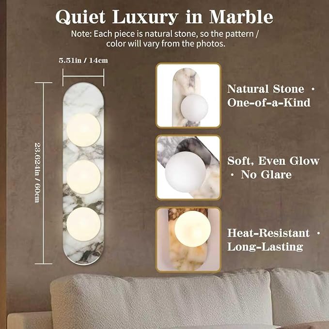 Natural Marble Wall Sconce with Alabaster Glass Globe, Modern Hardwired Wall Light Fixture for Bedroom, Bathroom, Dining Room, Hallway, Stairs (3-Light Sconce)