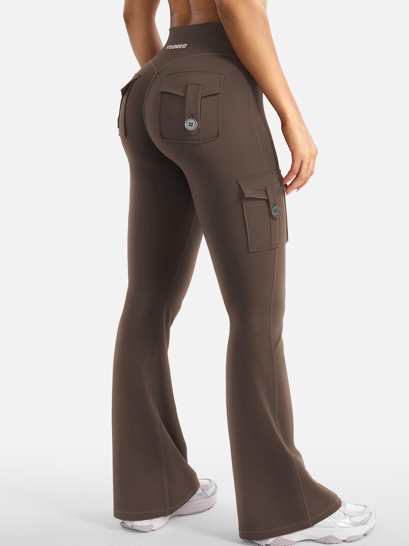 YEOREO CoreFlex Women Workout Flare Leggings with Pockets Hidden Scrunch High Waisted Cargo Gym Yoga Leggings Coffee XXL