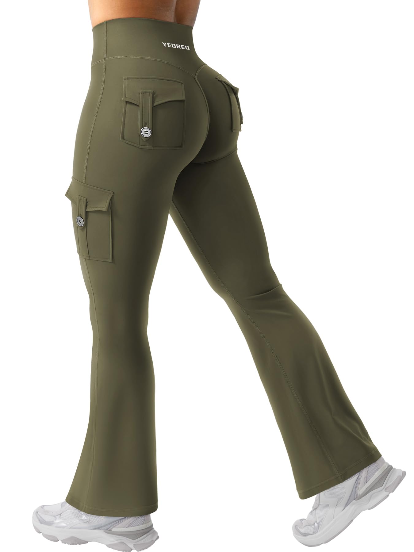 YEOREO CoreFlex Women Workout Flare Leggings with Pockets Scrunch Cargo Gym Yoga Leggings Army Green XS