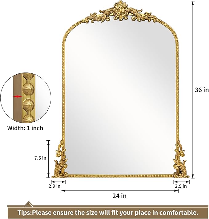 Growsun Vintage Gold Arched Mirror, 24’’x36’’ Antique Baroque Ornate Wall Mirror Decor with Full Metal Frame for Fireplace/Entryway/Living Room/Bathroom