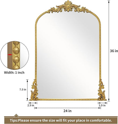 Growsun Vintage Gold Arched Mirror, 24’’x36’’ Antique Baroque Ornate Wall Mirror Decor with Full Metal Frame for Fireplace/Entryway/Living Room/Bathroom