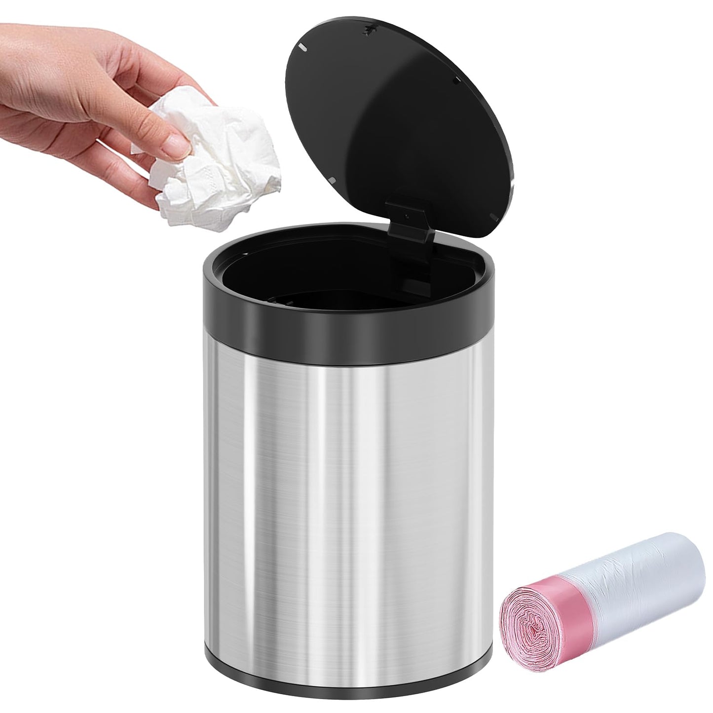 SolaceCove Mini Trash Can for Desk 0.4 Gallon,1.5L Stainless Steel mini Desk Trash can with Lid,Tiny Trash Can for Desk with 1 Roll Bags for Office, Home, Car,(Brushed Gray)