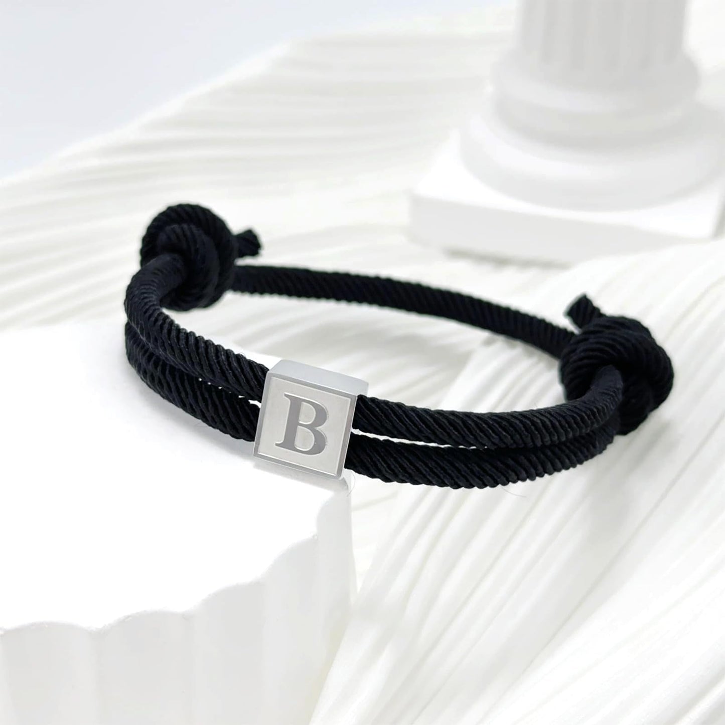 BHDJSHX Personalized Initial Rope Bracelet for Men, Stainless Steel A-Z Letter Charm Bracelet,Adjustable Handmade Braided Black Cord,7-13 Inches,Gifts For Men,Brothers,Son,Boyfriend(C)