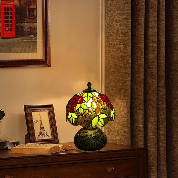 Small Tiffany Table Lamp Stained Glass Nightstand Lamps Bedside Purple Grape Desk Light for Office Bar Retro Bedroom Living Room,7.87 inch