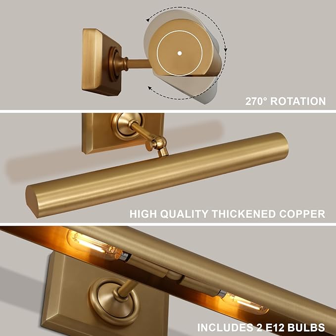 Picture Light for Wall, 18in Brass Painting Sconce Poster Light, Hardwired Picture 2 Lighting Dimmable Art Display Light for Picture Frame Wall Gallery Bedroom Living Room-Included Bulbs (Gold)