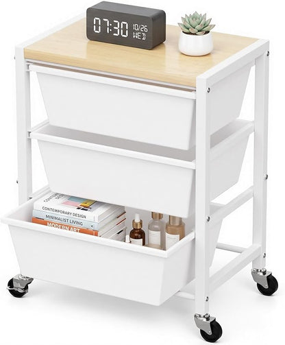 Rolling Cart with 3 Drawers, Plastic Drawer Storage Carts with Lockable Wheels & Wooden Tabletop, Metal Art Craft Utility Cart Organizer for Home Office Bedroom Dorm Bedside Classroom, Bright White