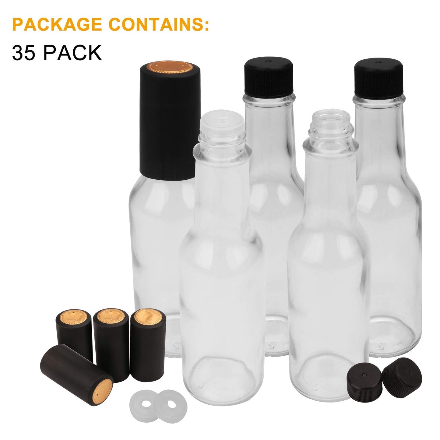 Encheng 35 Pack 5oz Hot Sauce Bottles with Lids,Glass Woozy Bottles with Dripper Inserts and Shrink Capsules,Small Glass Wine Bottle for Homemade Sauces,Oils,Vanilla Extracts,Dressings,Gifting