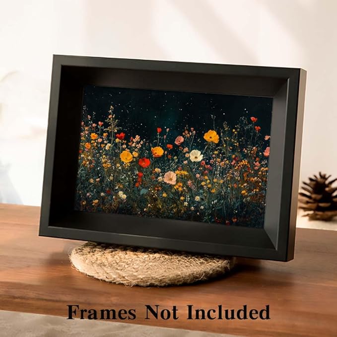Yesad Wildflowers Field Landscape Wall Art, Floral Canvas Wall Art Wildflowers at Night Flower Prints Painting Rustic Wall Décor for Living Room Bedroom Farmhouse (Unframed,12"x8",Wildflower1)