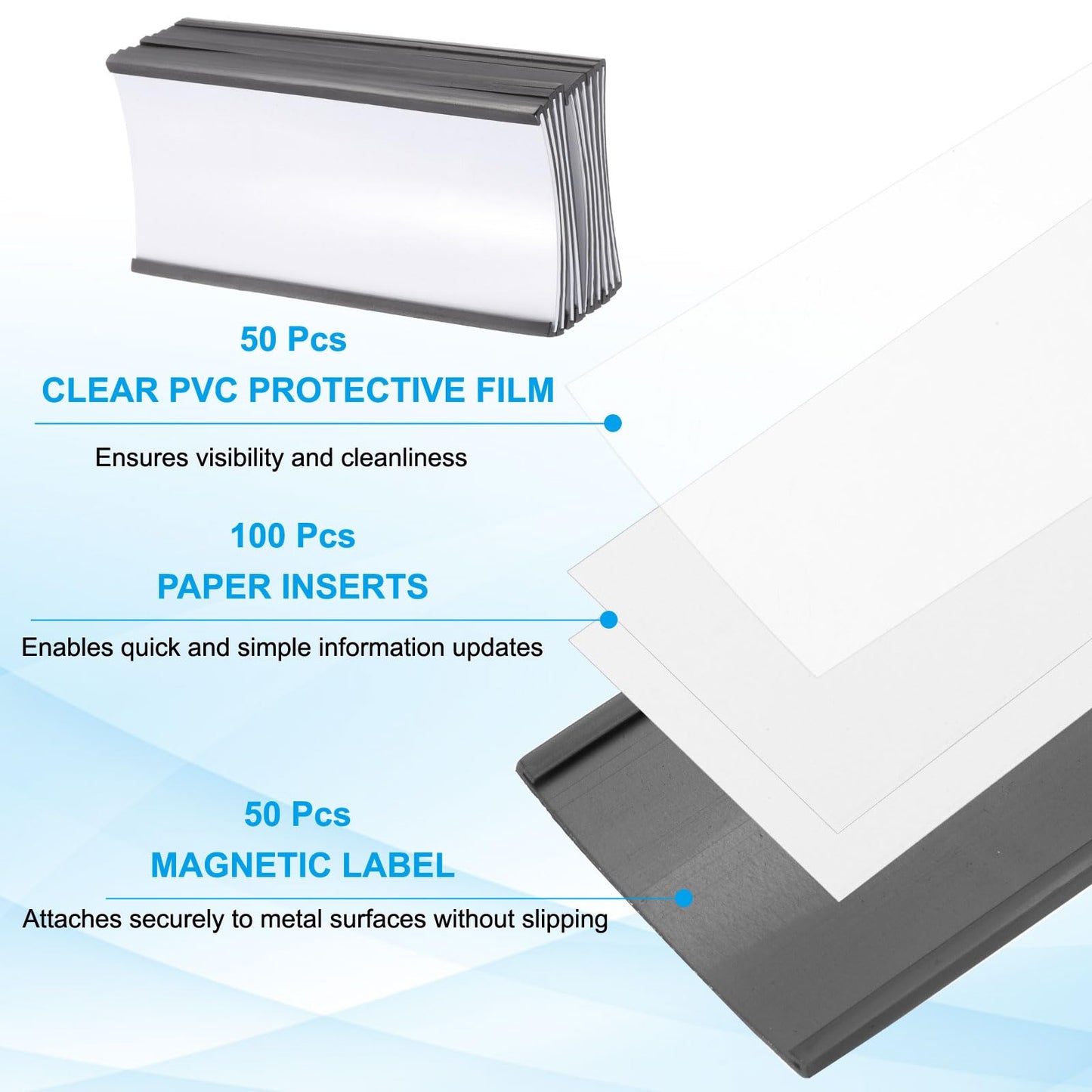 PATIKIL Magnetic Label Holder 4" x 2" with Paper Inserts, 50 Pcs C Channel Magnetic File Cabinet Labels Shelf Data Card Holder Signs for Metal Racks Shelves Whiteboard Tool Box