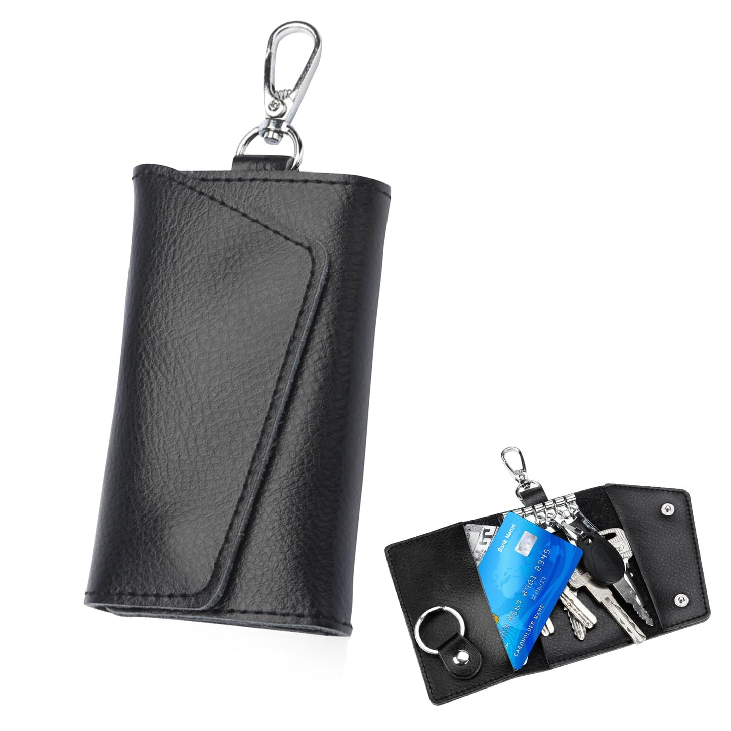 KyeeaDIY Leather Key Case Wallet, Keychain Key Holder with 6 Hanging Buckle Hooks Snap Unisex Coin Pouch Card Holder (Black)