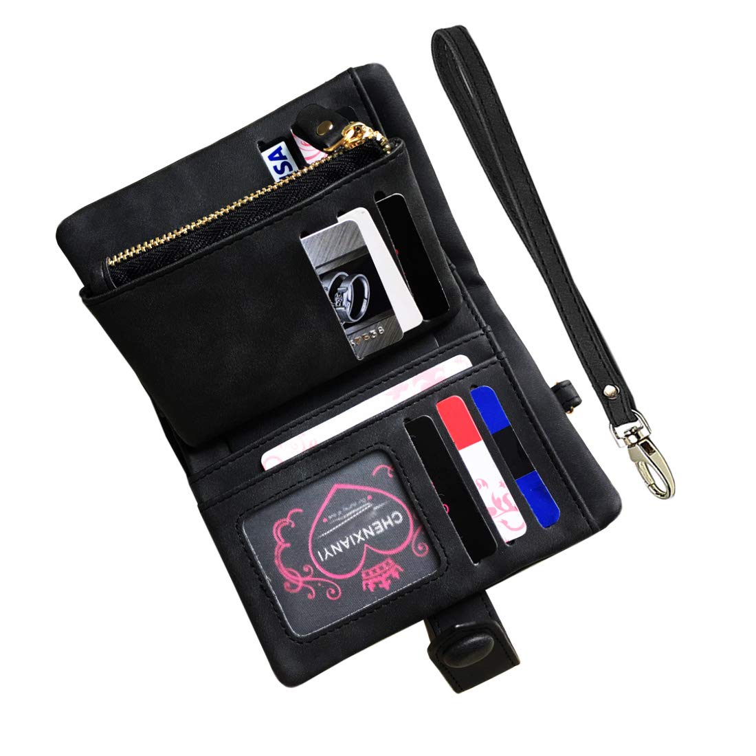 AOXONEL Women's Small Bifold Leather wallet Rfid blocking Ladies Wristlet with Card holder id window Coin Purse (Black)