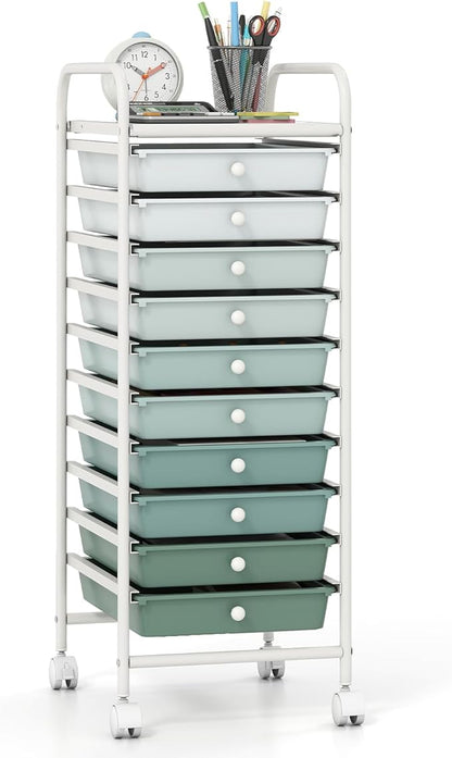 Giantex 10-Drawer Rolling Storage Cart w/Wheels, Handle, Removable Drawers, Mobile Organizer Storage Unit, Trolley Utility Cart for Home Kitchen Living Room Office Play Room, Green Gradient