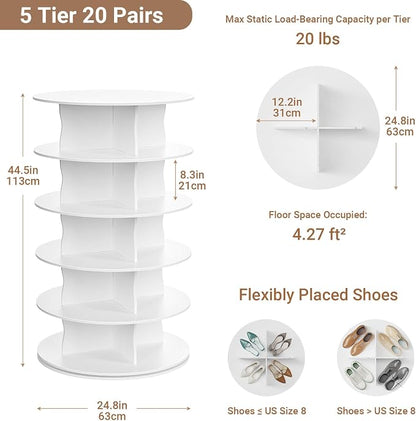 5-Tier Rotating Standing Shelf Unit with Dividers, 360° Storage Display Tower Vertical Floor Organizer, for Bedroom, Closet, Entryway & Office, Ideal for Shoes, Cosmetics & Handbags, White