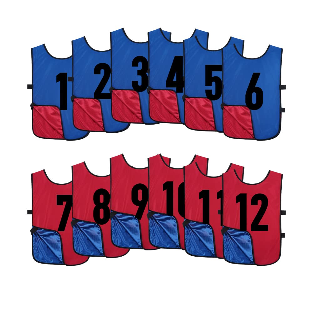 Saaifuu 12 Pack Reversible Numbered Pinnies, Double Sided Scrimmage Vest,Team Practice Jerseys for Kids and Adult(Red/Dark Blue, L)