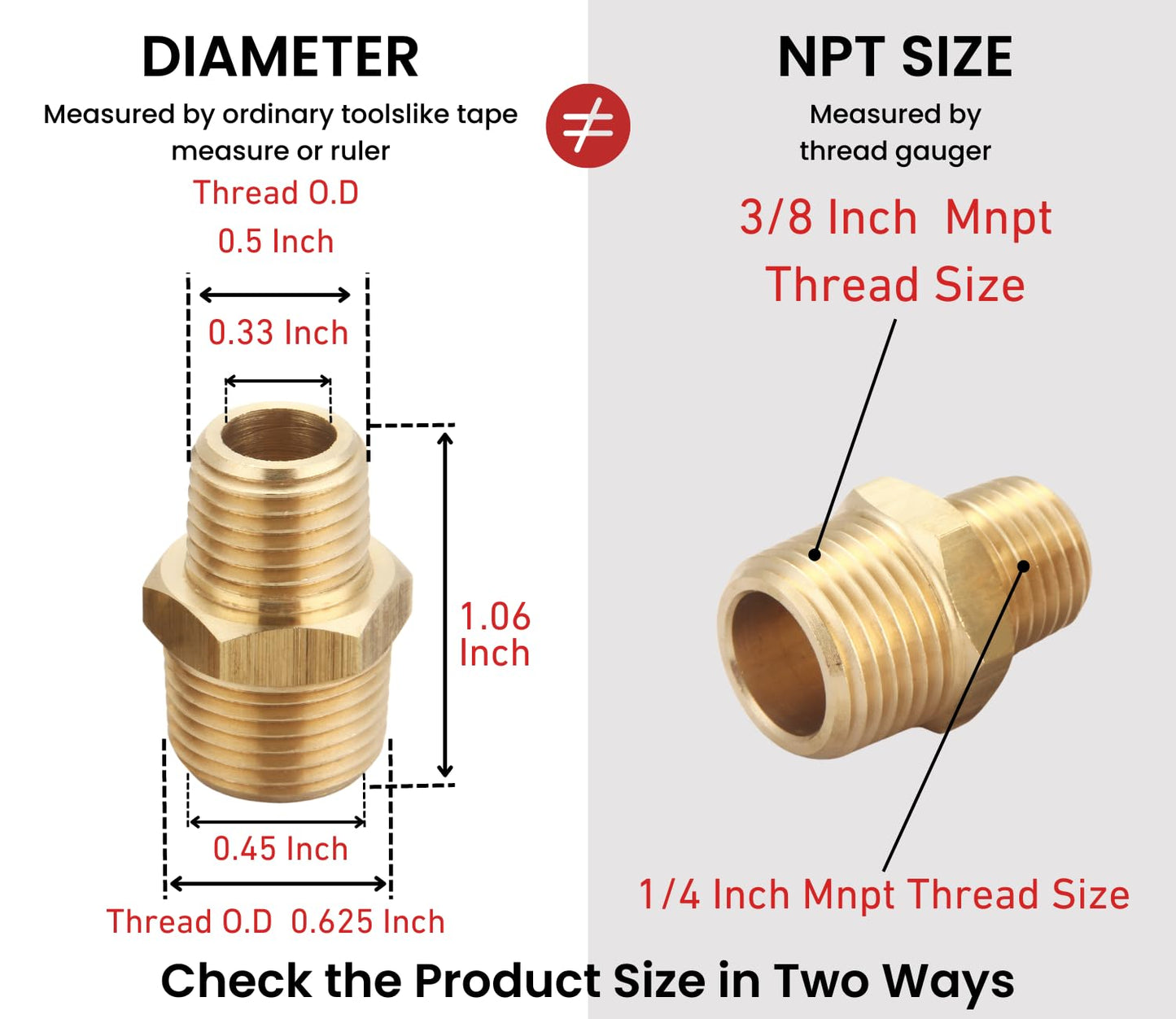 T TANYA HARDWARE 3/8 Inch NPT Male x 1/4 Inch NPT Male, Solid Brass Pipe Adapter Fittings Reducing Hex Nipples Connector, Thread outer diameter from 5/8 inch to 1/2 inch outer diameter, 2 Piece