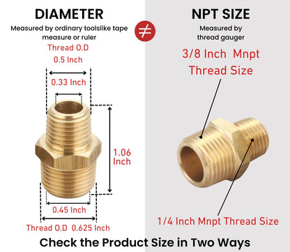 T TANYA HARDWARE 3/8 Inch NPT Male x 1/4 Inch NPT Male, Solid Brass Pipe Adapter Fittings Reducing Hex Nipples Connector, Thread outer diameter from 5/8 inch to 1/2 inch outer diameter, 2 Piece