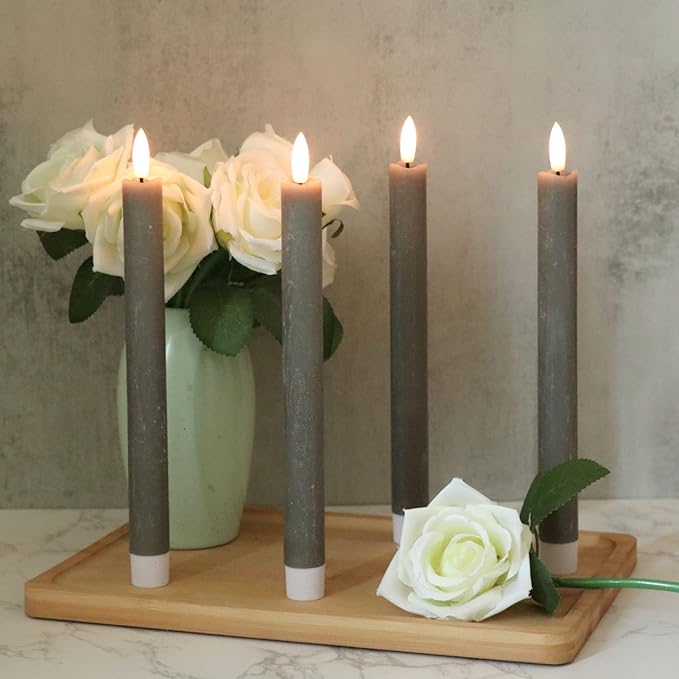 GenSwin Flameless Grey Taper Candles Flickering with 10-Key Remote, Battery Operated Led Warm 3D Wick Light Window Candles Real Wax Pack of 6, Christmas Home Wedding Decor(0.78 X 9.64 Inch)