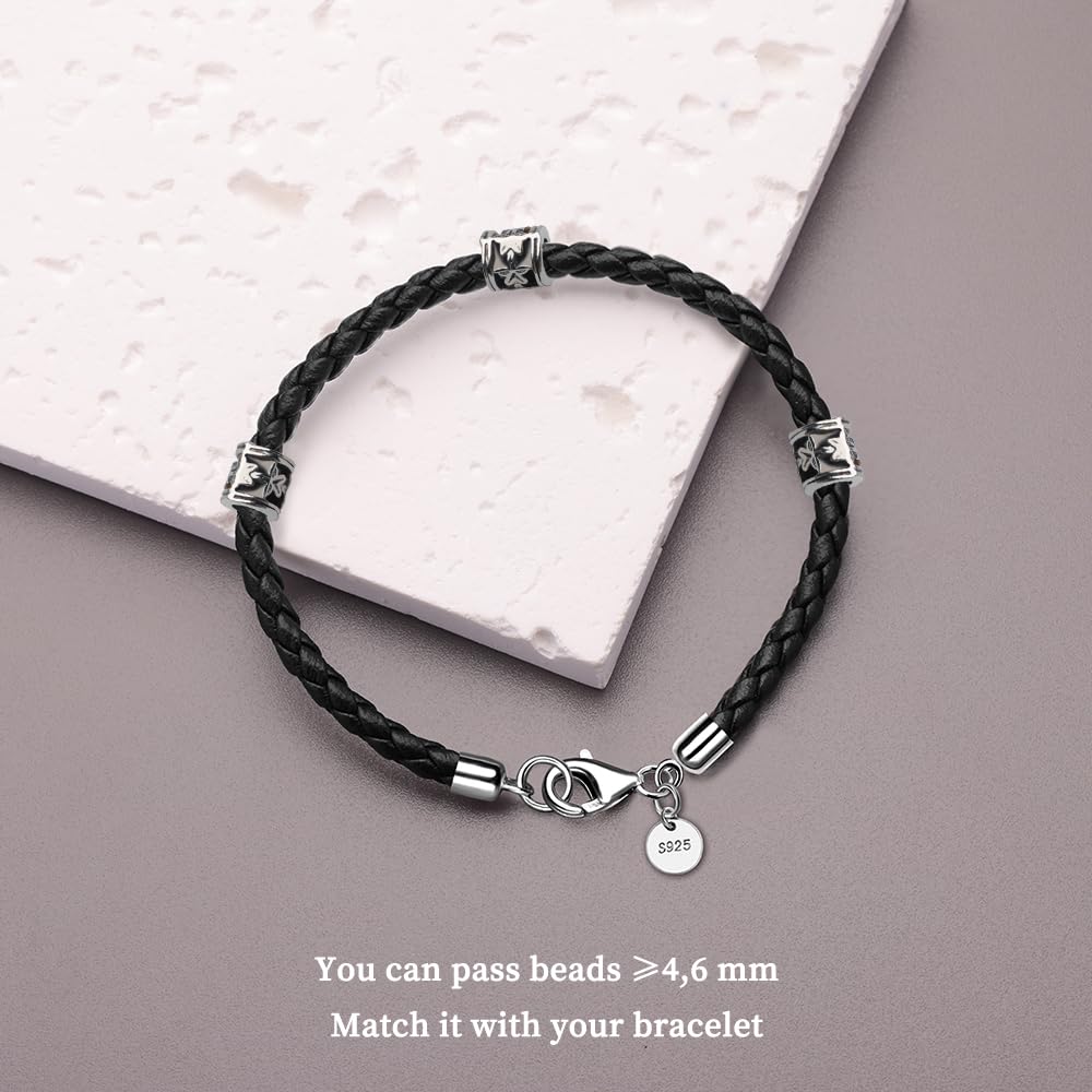 JEVINDA Leather Bracelet for Men Women 4MM Braided 925 silver Clasp 20/21cm with Jewelry Gift Box Handcrafted (Black, 7.8'')