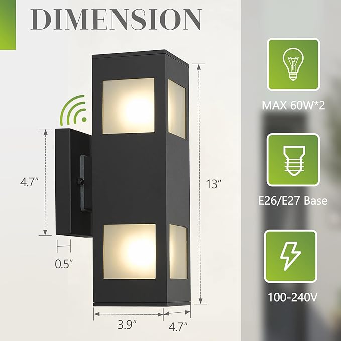 Outdoor Wall Light, 2 Pack Dusk to Dawn Outdoor Light Fixture, 13" Waterproof Black Outdoor Lights Modern, Large Up Down Exterior Lighting Fixture for Patio, Garage, Hallway, Doorway