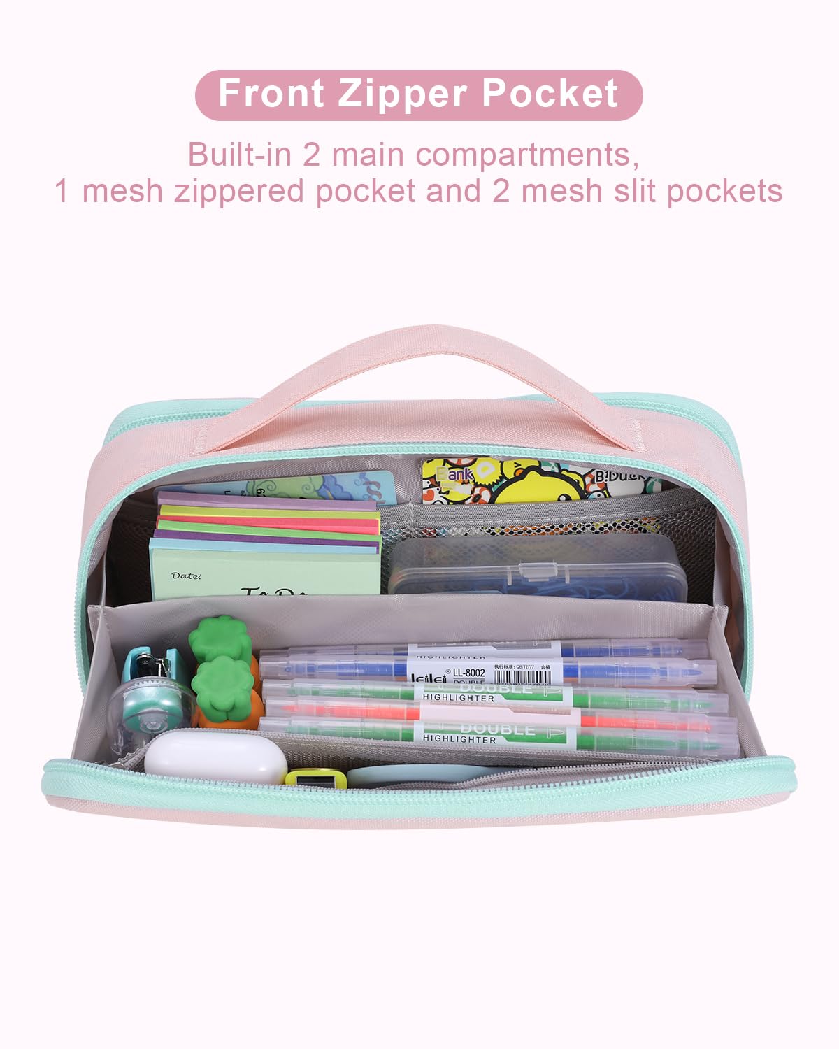 Amersun Large Capacity Pencil Case Pouch for Girl, Student, Women, Teen - Multi-Compartment, High Storage, Marker Pen Stationery Box Bag Organizer Holder for School College Office (Pink)