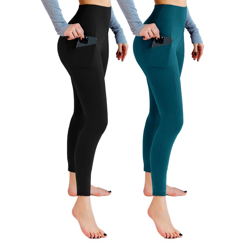 Leafigure 2 Packs Leggings with Pockets for Women, High Waisted Tummy Control Workout Leggings for Gym Black/Teal LXL