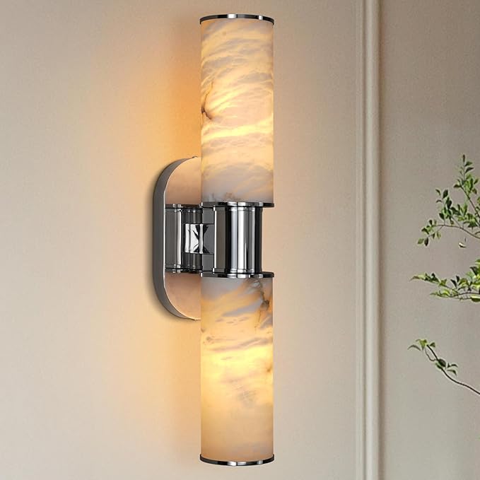 22.2" Alabaster Wall Sconce, Brass Bathroom Wall Sconce, Spanish Natural Marble Sconces Modern Wall Lights Lamps for Bedroom Living Room Stairs Indoor Hallway Vanity, Nickel