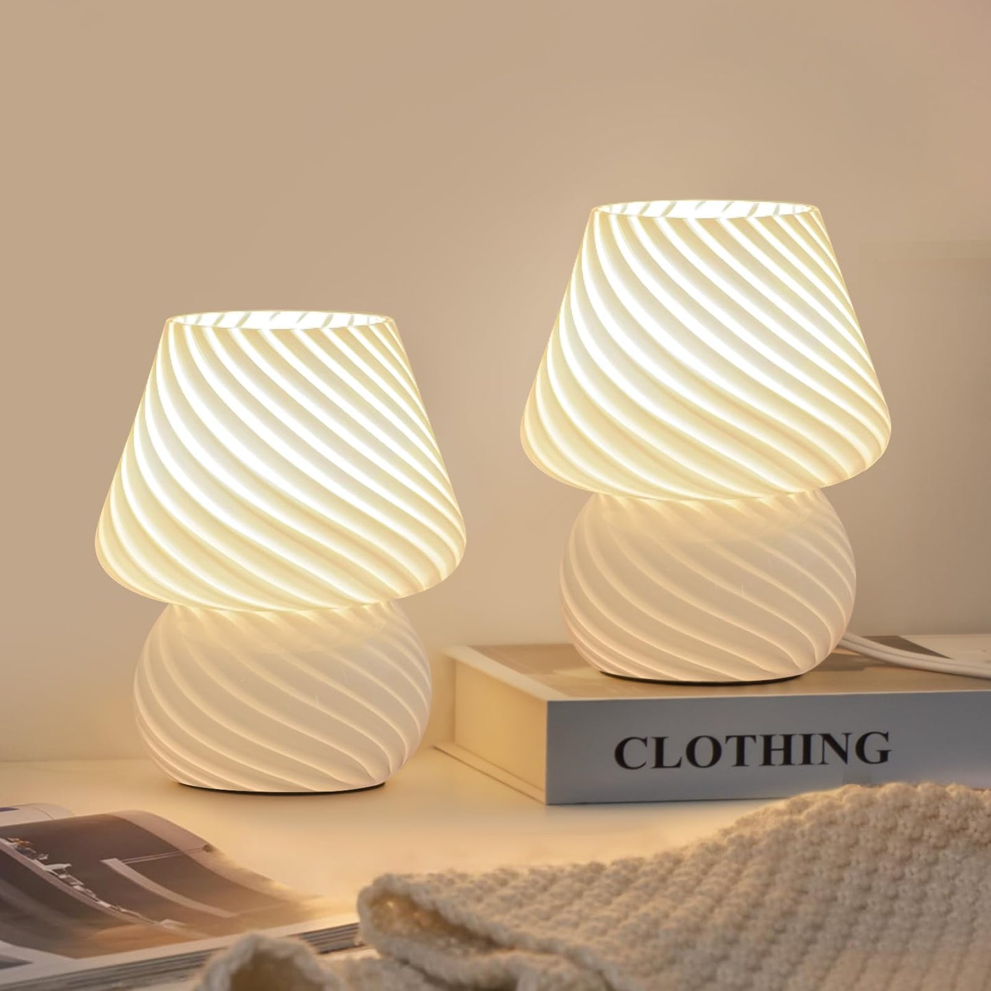 ONEWISH Mushroom Lamps Set of 2 - Small Bedside Table Lamp with Striped Glass, Nightstand Lamp for Bedroom, Living Room, Bulb Included(White)