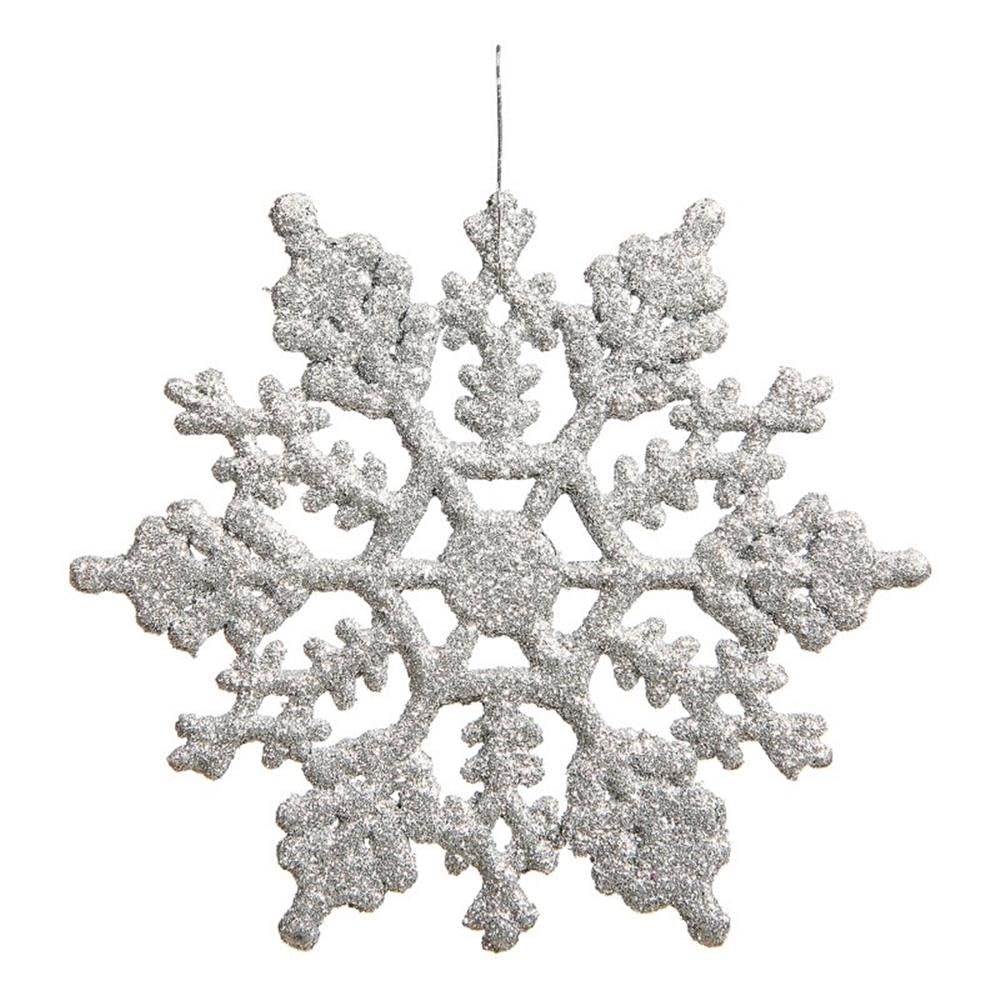 Vickerman 4" Silver Glitter Snowflake Ornament Set - Sparkly Shatterproof Snowflakes with Matching Glitter Accents and Nylon Hanging String (24 Snowflakes per Box)