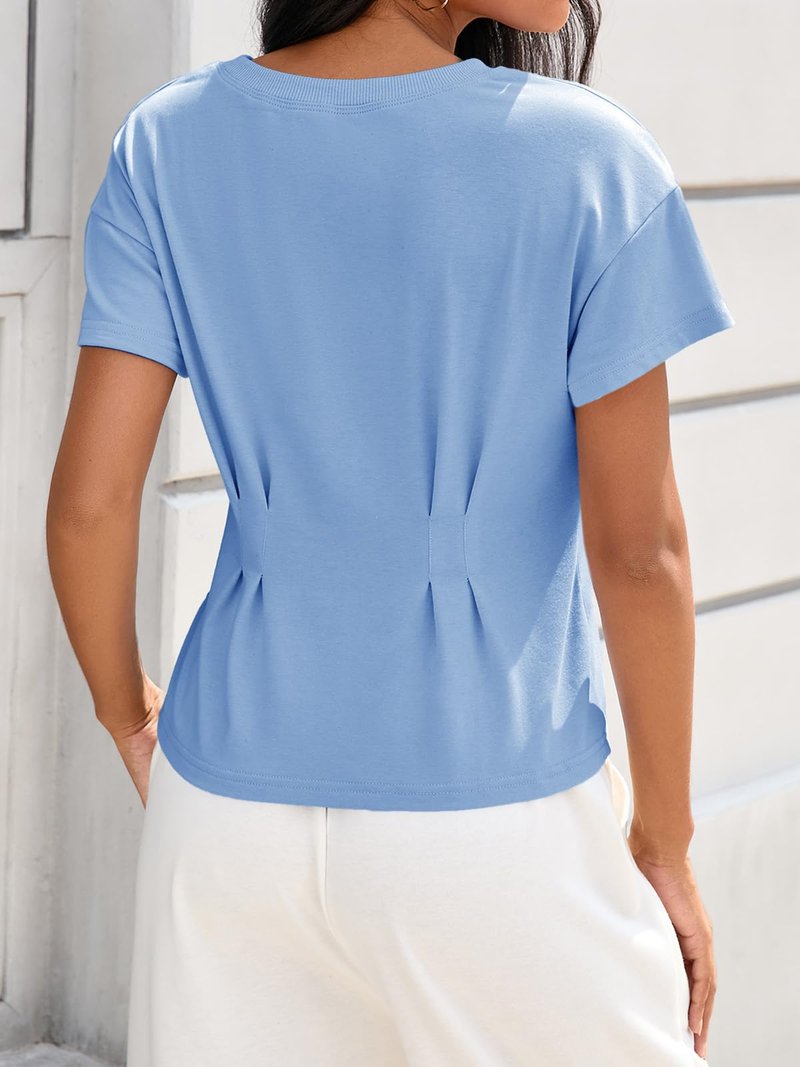 Fisoew Womens Peplum Tops Short Sleeve Babydoll Summer T Shirts Casual Crop Crew Neck Pleated Blouses Blue
