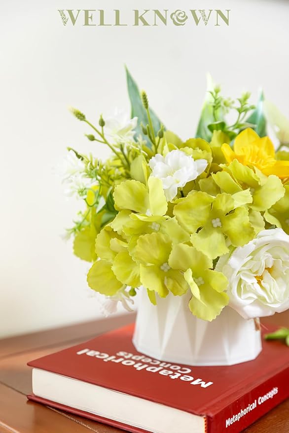 WELL KNOWN Small Fake Flowers in Plastic Vase 7" Centerpieces Coffee Table Decor, Green White Silk Flower Arrangements for Home Decor Indoor Artificial Flower Bouquet for Dining Room Kitchen Wedding