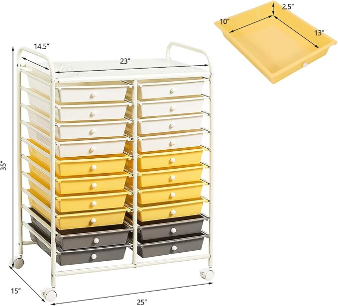 Giantex 20 Drawer Rolling Storage Cart Tools Scrapbook Paper Office School Organizer (25 x 15 x 35 Inch, Yellow)