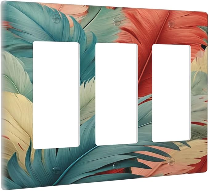 Colorful Feathers Blue Red 3 Gang Rocker Triple Outlet Wall Plate Decorative Switchplate Cover Faceplate GFCI Light Switch Covers for Farmhouse Living Decor