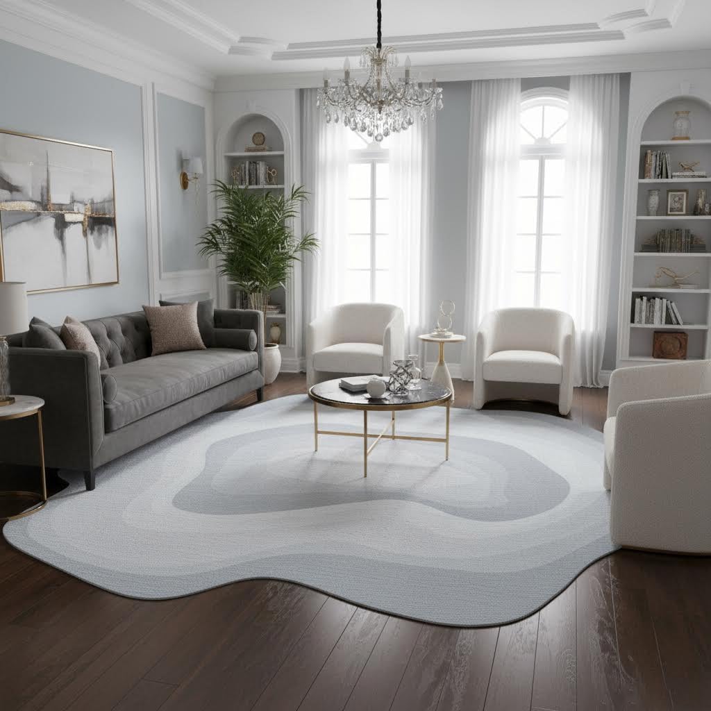 Irregular Rug 5ft Light Grey Ombre Abstract Texture Modern Washable Area Rugs for Living Room Bedroom Dining Room Ultra Round Large Carpet Odd Shaped Home Office Nursery Room Artistic Home Deco